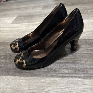 Nine West Women's Cheetah & Black Patent Vegan Leather Round Toe Heel - Size 8.5